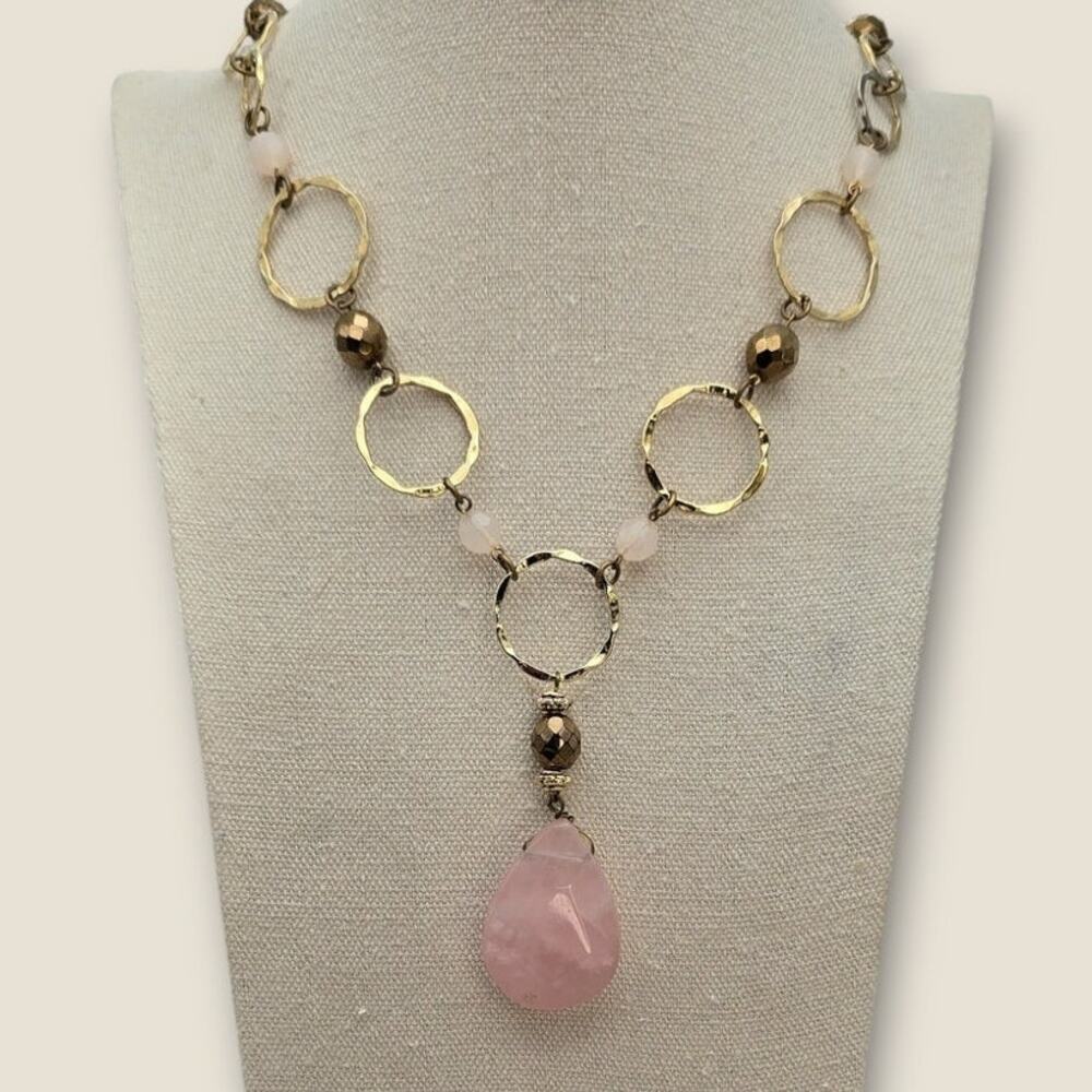 Rose Pink Quartz Teardrop Gold Hammered Link Boho Statement Necklace